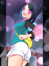 ahoge ass blue_hair clothed female_only femsub glowing_eyes hair_buns hairpin happy_trance hoodie legs liko_(pokemon) long_hair looking_back maskmaya1 mochi_dance multicolored_hair open_mouth pink_eyes pokemon pokemon_(anime) shirt shorts smile solo tied_hair