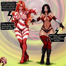  7th-heaven amazon_arrow_(amazonarrow) blue_eyes bodysuit boots bracers breasts clothed collarbone dialogue expressionless femdom femsub fingerless_gloves gloves high_heels huge_hips large_breasts lipstick long_hair makeup mask navel open_mouth original red_lipstick ring_eyes signature simple_background smile speech_bubble spiral spiral_background standing text thick_thighs thighhighs very_long_hair yellow_eyes zombie_walk 