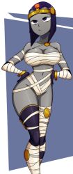  alternate_costume breasts chicken_pose cleavage dc_comics empty_eyes expressionless female_only femsub glowing glowing_eyes hand_on_hip hypnotic_accessory large_breasts manip mummification mummy raven ravenravenraven solo super_hero teen_titans tiechonortheal_(manipper) 
