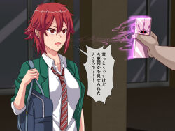  angry aware cell_phone collarbone comic dialogue femsub hypnotic_app lacria maledom open_mouth phone red_eyes red_hair school_uniform short_hair tech_control text tomboy tomo-chan_is_a_girl tomo_aizawa translation_request 