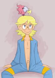  ahoge blonde_hair blue_eyes clemont empty_eyes glasses happy_trance hypnotic_gas male_only malesub mr.h nintendo open_clothes penis pokemon pokemon_(creature) pokemon_x_and_y short_hair spritzee 