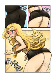 bimbofication blonde_hair blush comic earrings kobi94 large_ass large_breasts leopard_print long_hair original short_skirt text transformation transgender tube_top