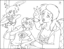 absurdres animal_ears bra breasts bunny_girl empty_eyes expressionless femsub greyscale large_breasts long_hair maledom monochrome open_clothes short_hair sketch suechan traditional underwear undressing