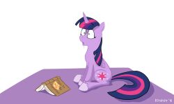  animals_only bitshift book drool female_only femsub hooves horns horse my_little_pony open_mouth shrunken_irises simple_background sitting solo straight-cut_bangs twilight_sparkle 