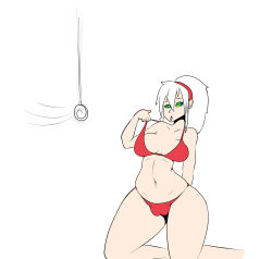 absurdres bikini breasts cameltoe female_only femsub kaa_eyes kneeling large_breasts long_hair midriff mixx54 open_mouth original pendulum ponytail spiral tongue tongue_out white_hair