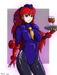  bodysuit bracers breasts corruption empty_eyes female_only hat large_breasts latex leotard long_hair pantyhose persona_(series) persona_5 persona_5_royal ponytail purple_eyes red_hair shadaloo_dolls shoulder_pads solo street_fighter sumire_yoshizawa tie tray victoriamikoto waitress 