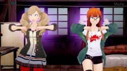  3d ann_takamaki blonde_hair bouncing_breasts chicken_pose clothed english_text female_only femsub futaba_sakura glasses happy_trance koikatsu! lunastra mochi_dance orange_hair persona_(series) persona_5 purple_eyes text video 