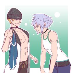 abs aged_up alternate_costume bare_shoulders beanie belt blonde_hair blue_eyes choker collarbone efalabrino final_fantasy_viii green_eyes happy_trance hypnotic_breasts kingdom_hearts leaning_forward love male_only maledom malesub open_clothes pants pride_colors riku seifer_almasy short_hair silver_hair simple_background smile tank_top undressing vest yaoi