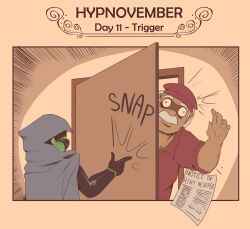 bodysuit chest_hair cloak femdom finger_snap green_hair hat humor hypnovember malesub mustache original pstash text white_hair