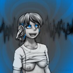 breasts drool female_only femsub glowing glowing_eyes greyscale happy_trance headphones hypnotic_accessory hypnotic_audio large_breasts monochrome open_mouth original short_hair sleepymaid solo tech_control