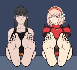    absurdres armor barefoot black_hair blonde_hair blue_background braid breasts cleavage clothed empty_eyes feet femsub fire_emblem fire_emblem_engage fire_force foot_focus hairband katsiika lapis_(fire_emblem) maki_oze multiple_girls multiple_subs nintendo purple_eyes red_eyes shoulder_pads simple_background unfocused_eyes 