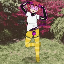  absurdres arms_above_head aware bodysuit bulge clothed dancing drill_hair eyebrows_visible_through_hair happy_trance humor latex long_hair looking_at_viewer null_bulge original outdoors parody purple_eyes red_hair sandals self_hypnosis shirt shorts smile spiral tech_control teto_kasane text thighhighs tight_clothing tongue tongue_out trance_delightful transfem transgender_identity utau visor 