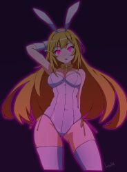  a_certain_scientific_railgun absurdres alternate_costume animal_ears batta18th blonde_hair breasts bunny_ears bunnysuit empty_eyes expressionless female_only gloves glowing glowing_eyes leotard long_hair looking_at_viewer misaki_shokuhou pink_eyes ribbon signature simple_background solo thighhighs thighs 