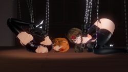  3d ahoge arms_behind_back bangs bare_shoulders bondage boots brown_eyes brown_hair chains collar control_indicator cuffs custom_maid_3d_2 female_only femsub glasses gloves harness kneeling li_q lipstick long_hair looking_at_viewer makeup multiple_girls multiple_subs nipple_piercing nipples open_mouth opera_gloves orange_hair original piercing red_lipstick short_hair thigh_boots thighhighs topless 