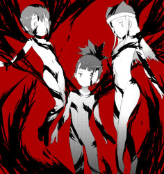 artist_request corruption digimon empty_eyes expressionless flat_chest floating hat kari_kamiya multiple_eyes multiple_girls navel nude possession red_background rika_nonaka shademon short_hair shrunken_irises zoe_orimoto