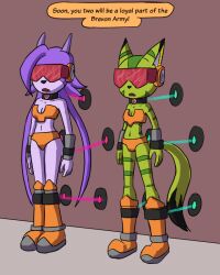 bikini boots carol_tea cat_girl collar dragon_girl expressionless female_only femsub freedom_planet furry green_hair long_hair multiple_subs mythkaz open_mouth purple_hair sash_lilac standing standing_at_attention tech_control text unhappy_trance visor