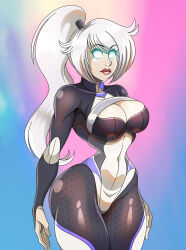 absurdres bodysuit cleavage collarbone expressionless female_only femsub glowing glowing_eyes gradient_background hourglass_figure large_breasts navel original ponytail simple_background solo standing standing_at_attention very_long_hair white_hair whitewash_eyes zorro-zero