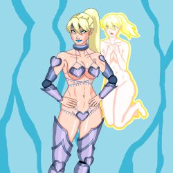  absurdres armor bikini bikini_armor bikini_bottom bikini_top blonde_hair blue_eyes blue_lipstick bottomless breasts celica_(town_of_magic) cleavage clothed collar collarbone eyeshadow femsub floating glace_(town_of_magic) hand_on_hip headband lipstick living_costume long_hair makeup mspainter multiple_girls navel nude open_mouth ponytail possession pussy simple_background standing tears thighhighs topless town_of_magic 