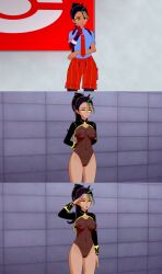  3d before_and_after black_hair censored dark_skin djiwedmewj empty_eyes large_breasts leotard long_hair muscle_girl nemona_(pokemon) nintendo pokemon tagme 