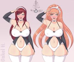  absurdres breasts chisa_yukizome cleavage coin dangan_ronpa dangan_ronpa_3 erect_nipples erza_scarlet fairy_tail female_only femsub hair_band happy_trance headband large_breasts long_hair maid navel onkel_h open_mouth orange_hair pendulum ponytail red_hair saluting spiral_eyes standing symbol_in_eyes thighhighs 