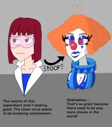  before_and_after cleavage clown clown_girl clownification english_text female_only femsub goggles lab_coat lipstick makeup mascara mole orange_hair pink_sclera red_hair scientist simple_background solo spiral_eyes wfay42 