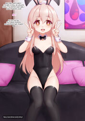  ahoge brown_eyes bunny_ears bunnysuit collar complex_background double_v female_only femsub glowing_eyes happy_trance long_hair mahiro_oyama onimai:_i'm_now_your_sister! open_mouth pink_hair sale signature solo text thighhighs v vahn_yourdoom 