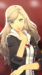  3d alternate_hairstyle ann_takamaki blonde_hair blue_eyes clothed female_only femsub happy_trance jacket long_hair persona_(series) persona_5 simple_background smile solo soundofcontrol spiral_eyes story symbol_in_eyes 