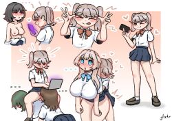 angela_(glixtr) crossdressing empty_eyes femboy femsub glixtr heart large_breasts maledom multiple_girls multiple_subs original phone school_uniform skirt taylor_(glixtr) tech_control topless undressing yuri