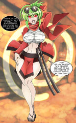  absurdres ahoge arms_above_head bandage bangs bare_legs breasts cleavage dialogue enemy_conversion eyebrows_visible_through_hair female_only femsub glasses glowing glowing_eyes green_hair hairpin hand_on_hip large_breasts lucia_(jellyfish4) magic midriff navel original posing red_eyes sandals sarashi scarf smile solo speech_bubble spiral spiral_background standing sunglasses sword text updo weapon zorro-zero 