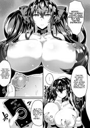 bottomless breasts comic empty_eyes expressionless femsub gokusaishiki_no_nise_ai greyscale groping hard_translated heart heart_eyes kasuga_mayu large_breasts maledom masturbation monochrome nude pussy_juice symbol_in_eyes tech_control text thighhighs tongue tongue_out topless translated trigger twintails undressing