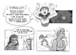 ahoge book chair cleavage clock collarbone comic female_only femdom femsub glasses humor large_breasts leaning_forward long_hair mollyjames open_mouth original ponytail psychic shirt shoes shorts simple_background smile table tank_top text white_background yuri