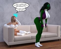3d blonde_hair dialogue emma_frost female_only femdom femsub green_skin happy_trance marvel_comics she-hulk super_hero text theheckle