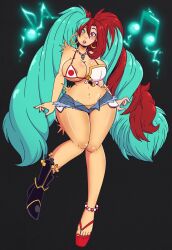  bikini bikini_top blue_eyes blue_hair clothed earrings female_only femsub jean_shorts jeans long_hair miku_hatsune necklace race_change red_eyes red_hair serena_(goldnightangel) shorts solo transformation twintails vocaloid wrenzephyr2 