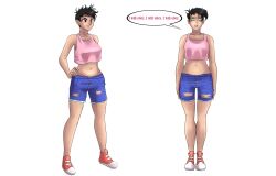 absurdres character_request drool female_only femsub jean_shorts katsiika original short_hair standing standing_at_attention symbol_in_eyes text tomboy