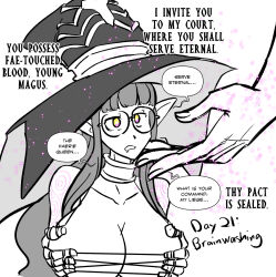breast_grab character_request choker collarbone convenient_censoring copyright_request drool elf_ears fairy female_only femdom femsub glasses glowing glowing_eyes hat huge_breasts hypnovember long_hair majinsfw multicolored_eyes nude pink_eyes presenting simple_background size_difference symbol_in_eyes tattoo text white_background witch witch_hat yellow_eyes