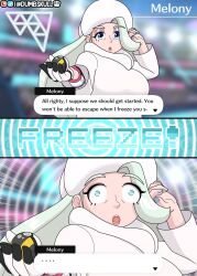    blue_eyes chubby clothed dumbskull eyebrows_visible_through_hair female_only femsub gameplay_mechanics gloves green_hair large_breasts long_hair looking_at_viewer melony_(pokemon) milf nail_polish nintendo open_mouth pokeball pokemon pokemon_sword_and_shield shrunken_irises solo spiral_eyes stage statue sweater text wrist_band 