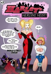 black_hair blonde_hair breasts cleavage cleavage_cutout comic dc_comics dialogue female_only femdom femsub happy_trance harley_quinn huntress large_breasts lipstick lipstick_mark polmanning power_girl smile text western 
