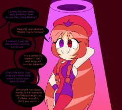 absurdres alternate_costume arms_above_head clothed costume dialogue english_text eye_color_change femsub hand_on_hip happy_trance hat heterochromia hong_meiling hypno-scream_(hypnoscream) hypnoscream maledom orange_hair original purple_eyes red_eyes ring_eyes smile speech_bubble text touhou very_long_hair