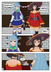 aqua_(konosuba) blue_hair breasts brown_hair clothed comic dialogue expressionless green_eyes kazuma_satou kono_subarashii_sekai_ni_shukufuku_wo! megumin_(konosuba) nude pussy red_eyes rollb saluting smug text