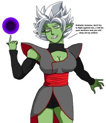 breasts cleavage doudile dragon_ball dragon_ball_super elf_ears evil_smile femdom genderswap green_skin grey_eyes hypnotic_orb large_breasts lipstick looking_at_viewer purple_lipstick short_hair silver_hair smile text white_background zamasu