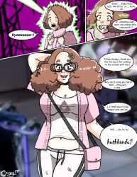  blush braces brown_eyes brown_hair chubby comic coupytf curly_hair dialogue glasses hair_growth haru_okumura nerd nerdification nintendo persona_(series) persona_5 speech_bubble sweater text the_legend_of_zelda transformation weight_gain 