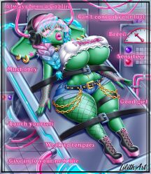  belt boots border braid breasts chains clothed clothed_exposure collar earrings english_text environmental_text erect_nipples erect_nipples_under_clothes eyelashes femsub fishnets goblin goblin_girl headphones high_heels hourglass_figure huge_breasts hypnotic_spiral jean_shorts jewelry large_lips lilithart lipstick long_hair long_nails multicolored_hair navel_piercing nipples original piercing pink_lipstick race_change restrained short_shorts shorts shortstack signature spiral spiralwash_eyes tech_control text thick_thighs thighs transformation tubes underboob visor 