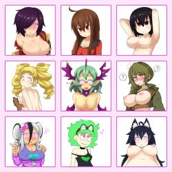 absurdres animal_ears black_hair blonde_hair blush bottomless bow breasts brown_hair character_request cleavage comic crossed_eyes drool earrings empty_eyes erect_nipples female_only femsub freckles glasses gloves glowing glowing_eyes green_hair hair_covering_one_eye happy_trance haru_(yakai) jewelry juu_(juuzou) large_breasts long_hair looking_at_viewer looking_back love_(tobyakafuji) mouse_girl multicolored_hair multiple_girls multiple_subs nude open_mouth original purple_hair short_hair smile spiral spiral_eyes symbol_in_eyes tagme topless tortellini_(whatapizzashit) tunberuku twintails unaware white_background white_hair wings