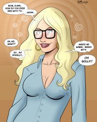 accidental_hypnosis blonde_hair breasts cat_grant cleavage dialogue earrings femsub glasses happy_trance huge_breasts hypnotic_accessory long_hair polmanning smile speech_bubble superman_(series) text