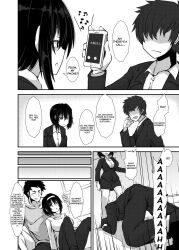 black_hair breasts comic dialogue faceless_male failed_hypnosis femsub hypnotic_accessory large_breasts maledom nakayoshi_fuufu_no_memorial phone suit tech_control text 