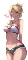  blonde_hair blush cleavage corruption crotch_tattoo drool earrings fate/apocrypha fate_(series) femsub heart heart_eyes heart_tattoo jewelry mordred_(fate) necklace ni_crying short_hair symbol_in_eyes tattoo tongue tongue_out 