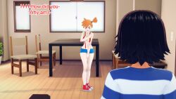 ash_ketchum aware black_hair closed_eyes clothed clothed_exposure confused covering dialogue embarrassed jean_shorts misty mustardsauce orange_hair pokemon pokemon_(anime) suspenders text underboob