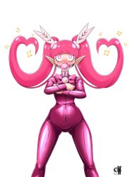 absurdres alternate_costume bangs barbatos_bachiko blush bodysuit bow_tie charm_(spell) demon_girl drool elf_ears femsub gag hair_ornament heart heart_eyes latex long_hair mairimashita!_iruma_kun nipple_play nipple_tweak pink_eyes pink_hair rosvo signature simple_background source_request sparkle straight-cut_bangs symbol_in_eyes twintails very_long_hair white_background zipper