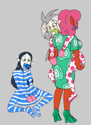  absurdres age_regression blue_hair demon_girl diaper disney drool earrings edalyn_clawthorne elf_ears faalofman20 female_only femsub green_eyes grey_hair happy_trance jewelry lilith_clawthorne long_hair mittens monster_girl multiple_girls multiple_subs pacifier pink_hair red_skin spiral the_owl_house yellow_eyes 