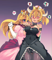 blonde_hair blue_eyes blush bowsette breasts cameltoe chains cleavage collar confused crown dress empty_eyes evil_smile femdom femsub genderswap gloves heart horns jewelry large_breasts leash long_hair multiple_girls new_super_mario_bros._u_deluxe nintendo pantyhose ponytail princess princess_peach red_eyes ryou_homare smile spiral_eyes super_crown super_mario_bros. symbol_in_eyes yandere yuri